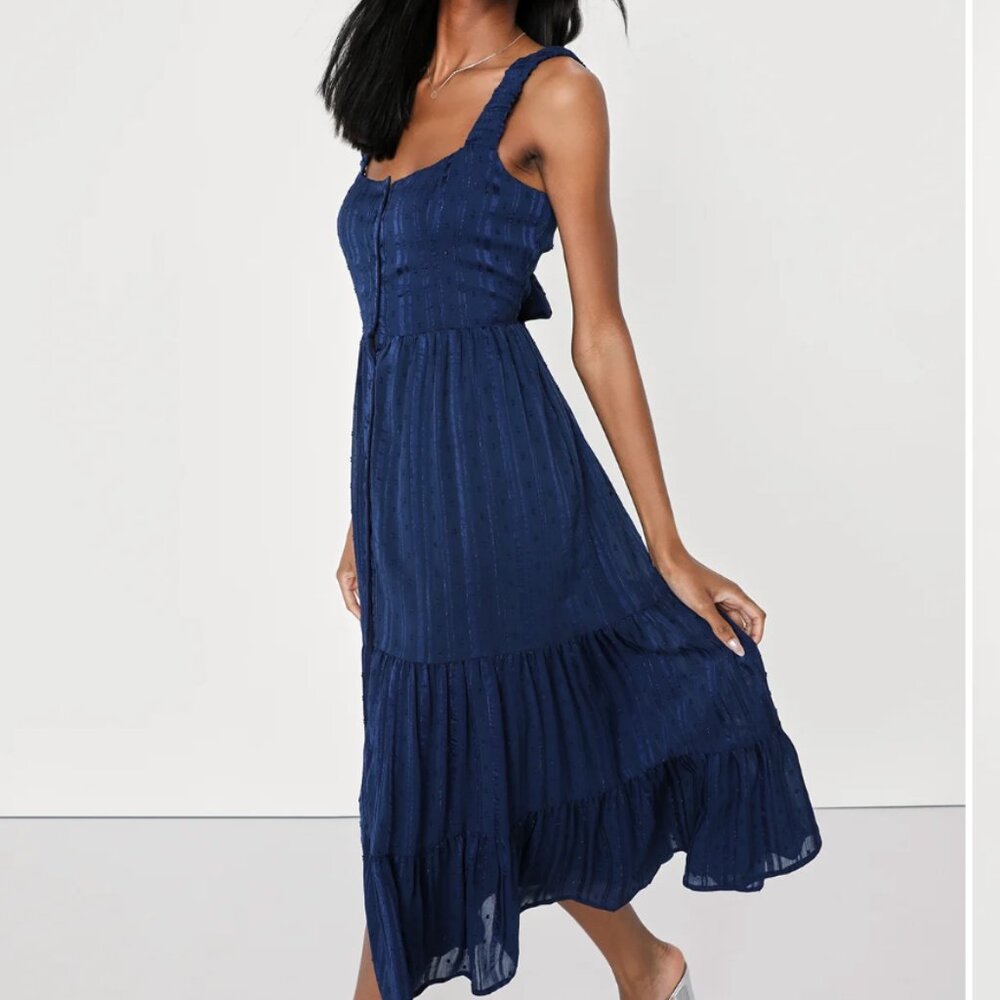 Dreamy Weekend Navy Blue Burnout Striped Lurex Midi Dress